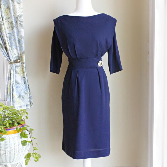 50s Navy Blue Party Dress, Size S, Vintage RK Ori… - image 1