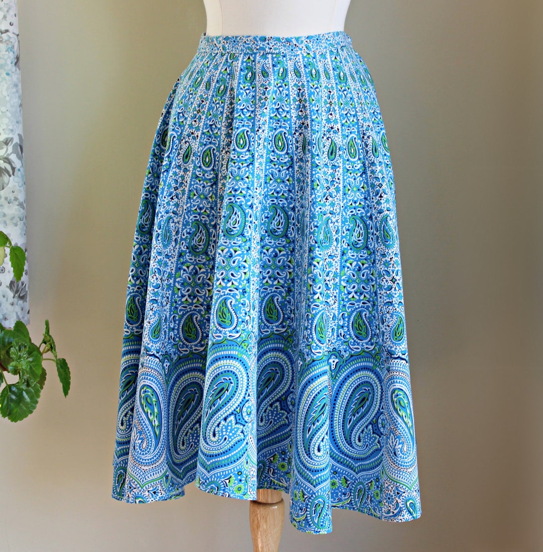 50s Blue Cotton Circle Skirt, Size S M, Vintage Handmade Paisley Floral