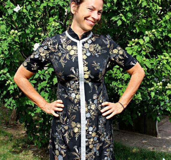 50s 60s Asian Black Brocade Cheongsam Dress Size S