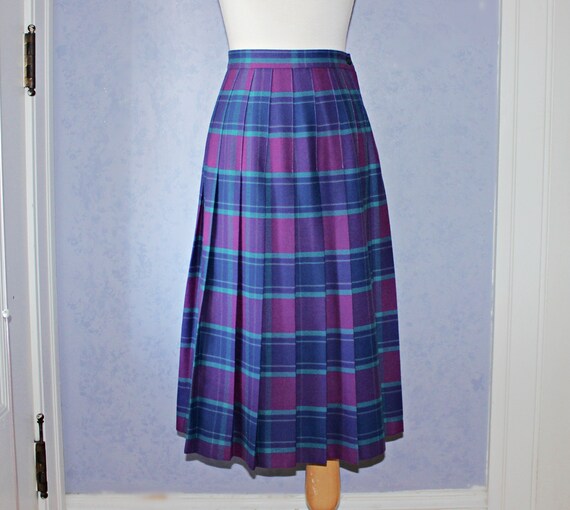 Teal and Purple Size 28 Waist Vtg 80/'s Does 50/'s Wool Plaid Skirt