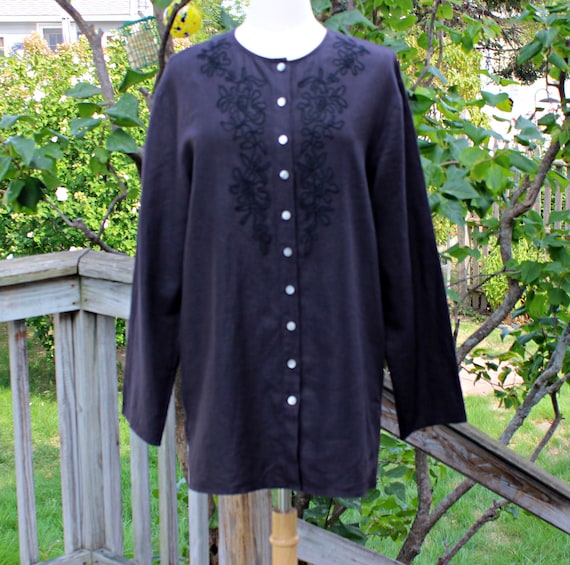 90s Black Linen Tunic Top Size M L, Vintage Valer… - image 1