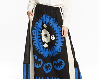 Embroidered linen skirt Ukrainian vyshyvanka skirts Applique patchwork embroidery color block by BoutiqueUA