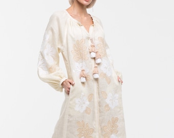 Ivory embroidered wedding dress Bohemian engagement linen outfit by BoutiqueUA