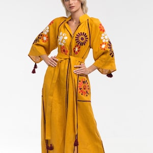 Ukrainian artisians dress Vyshyvanka Linen embroidered abaya Fashion bohemian kaftan Ukraine dresses boutiqueua