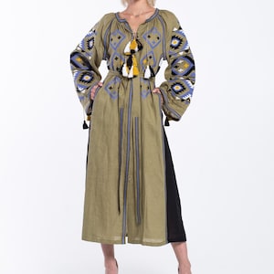 Fatima embroidered dress Elegant linen robe Ethnic ukrainian kaftan plus size