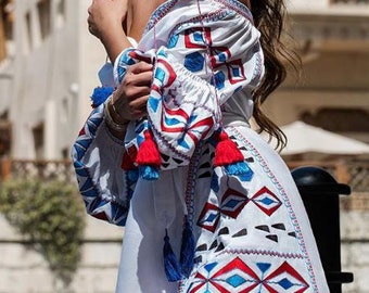 Fashion boho dress white Vyshyvanka with Ukrainian embroidery Bohemian dresses boutique Embroidered beach gown eco friendly