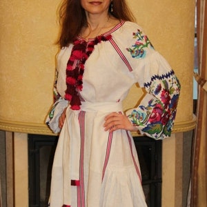 Gardenia linen boho dress maxi with floral ukrainian embroidery Elegant bohemian kaftan by BoutiqueUA