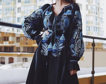 Trapeze boho dress black with ukrainian embroidery Floral bohemian wedding gown Modern ethnic embroidered robe plus size