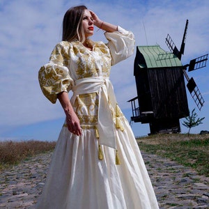 Embroidered boho wedding dress with gold Ukrainian embroidery Vyshyvanka White linen robe kaftan Evening gown