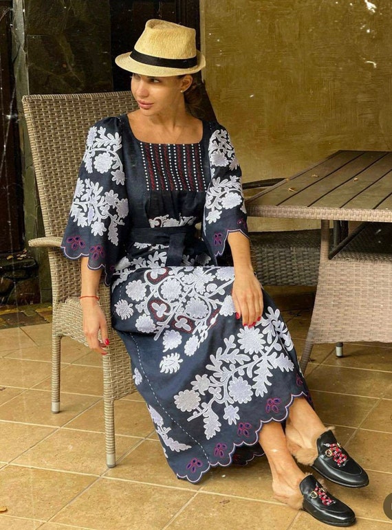 chinese dress ladies Tiered linen dress PETRA in Petal print