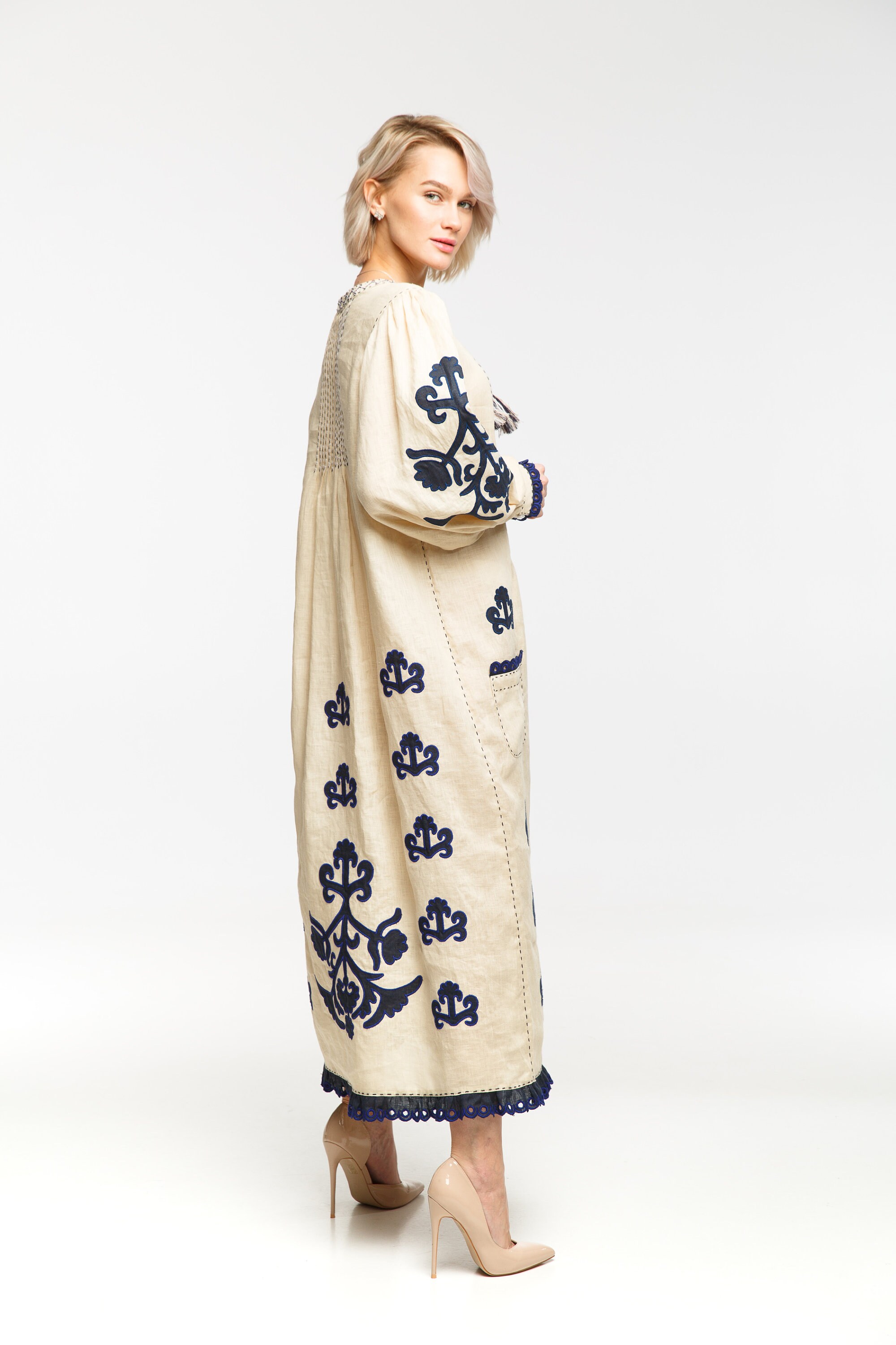 Applique And Beaded Linen Woven Midi Dress With Tie Back Detail main image 0