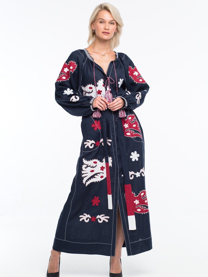 Parrot embroidered dress kaftan Fashion applique linen ...