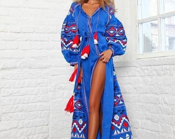 BoutiqueUA Embroidered linen boho dress Ukrainian vyshyvanka