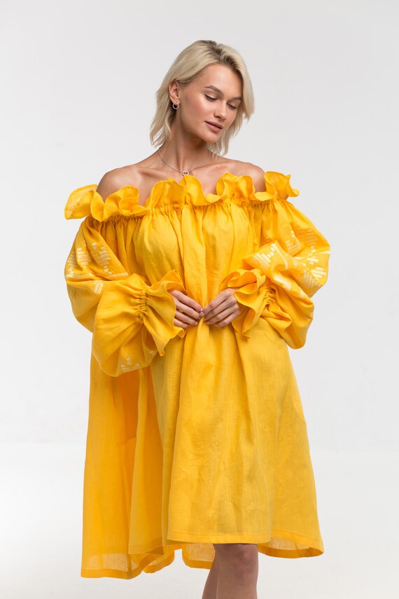 Off Shoulder Linen Ruffles Dress Oversized Embroidered Balloon Sleeves  Outfit - Etsy