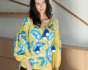 Floral boho blouse with Ukrainian embroidery Vyshyvanka Embroidered bohemian peasant blouse Olive linen loose top