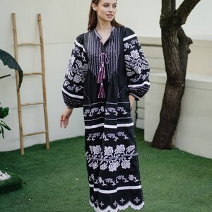 Blue embroidered linen dress Wave applique boho clothing