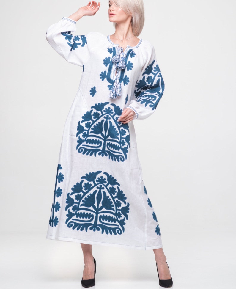 Boutiqueua Embroidered Linen Kaftan Dress Boho Bohemian Etsy