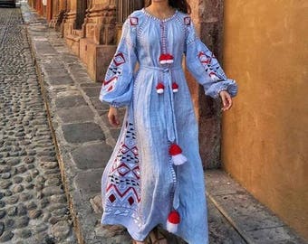 BoutiqueUA Embroidered linen boho dress Ukrainian vyshyvanka