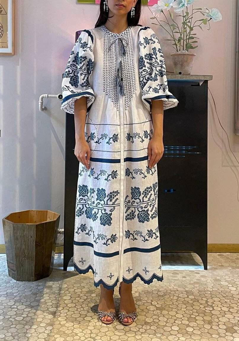 Blue Embroidered Linen Dress Wave Applique Boho Clothing - Etsy