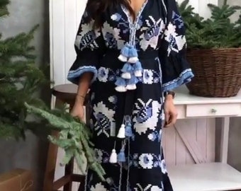 Blue boho maxi dress Vyshyvanka with Ukrainian embroidery Bohemian embroidered linen kaftan