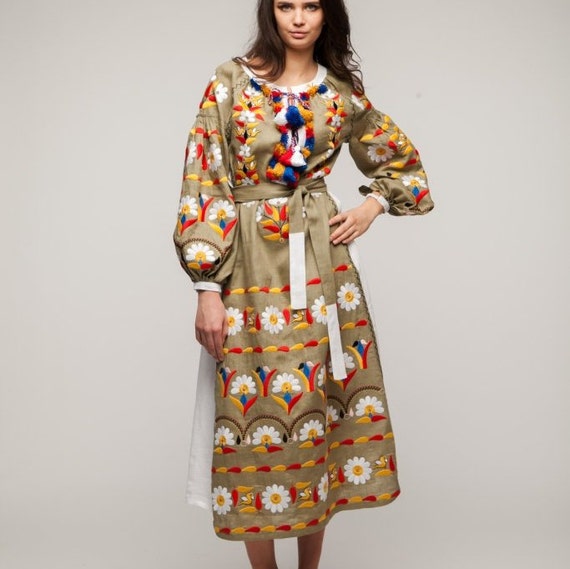 Magnolia Khaki Embroidered Linen Dress Tunic Boho Bohemian Ethnic Wedding  Gown - Etsy
