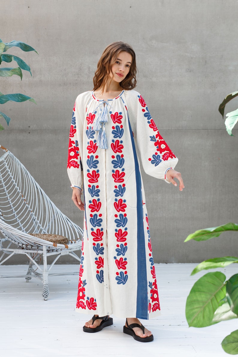 Leaves Linen Embroidered Dress With Applique Embroidery Etsy Australia