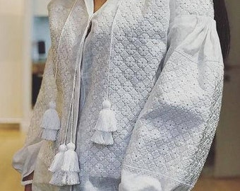 Ukrainian peasant blouse in white linen Vyshyvanka with Ukrainian embroidery Custom embroidered shirt Fashion boho top with long sleeves