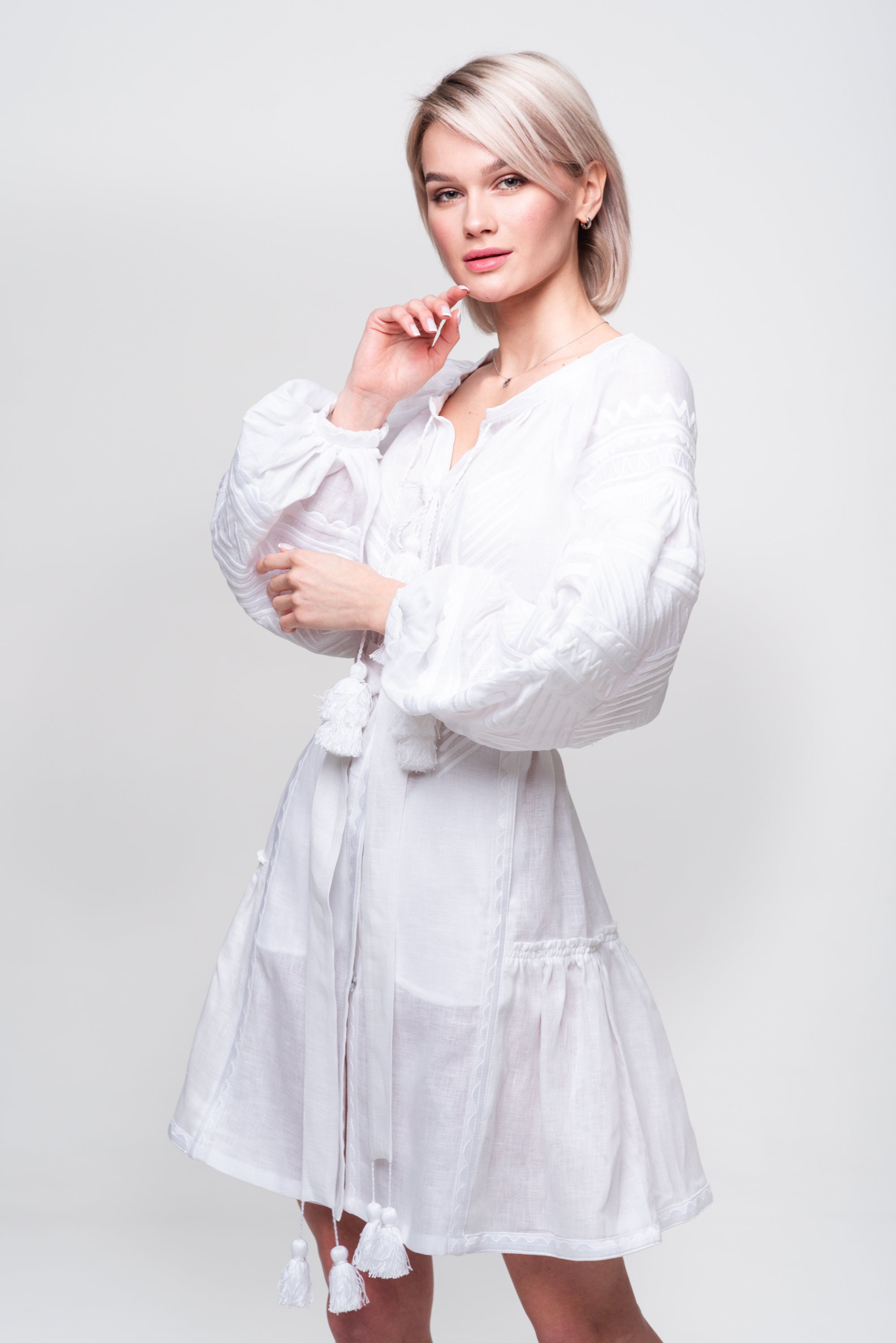 Embroidered linen white color dress 