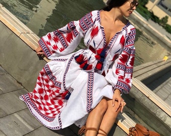 BoutiqueUA Embroidered boho dress for wedding guest Linen kaftan vyshyvanka Ukraine embroidery clothing