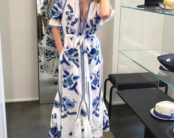 Grapes embroidered linen dress boho vyshyvanka Ukrainian wedding dress