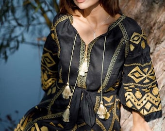 Fashion embroidered boho dress Bohemian wedding guest dress with Ukrainian embroidery Beach festival vyshyvanka Plus size tunic