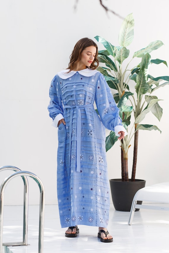 embroidered constellation dress The Haven Light Blue Embroidered Midi Dress – Shop the Mint main image 1