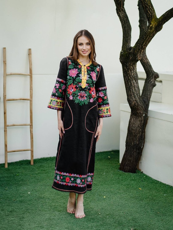 Black linen embroidered dress maxi Ukrainian fashion by BoutiqueUA