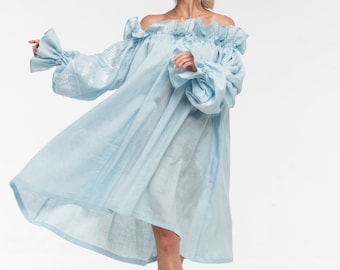 Off shoulder linen ruffles dress oversized Embroidered balloon sleeves outfit Off shoulder linen ruffles dress oversized Embroidered balloon sleeves outfit