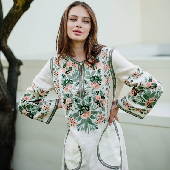 knee length dresses for ladies Embroidered Linen Dresses Long Sleeve Linen Caftans Gown for Fall/Winter