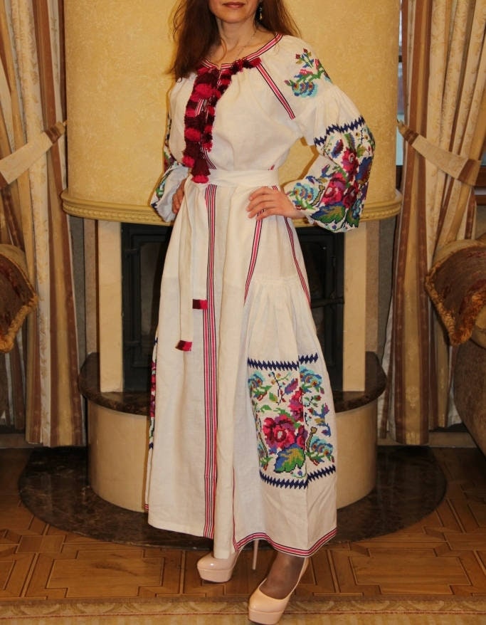 Gardenia linen boho dress maxi with floral ukrainian | Etsy