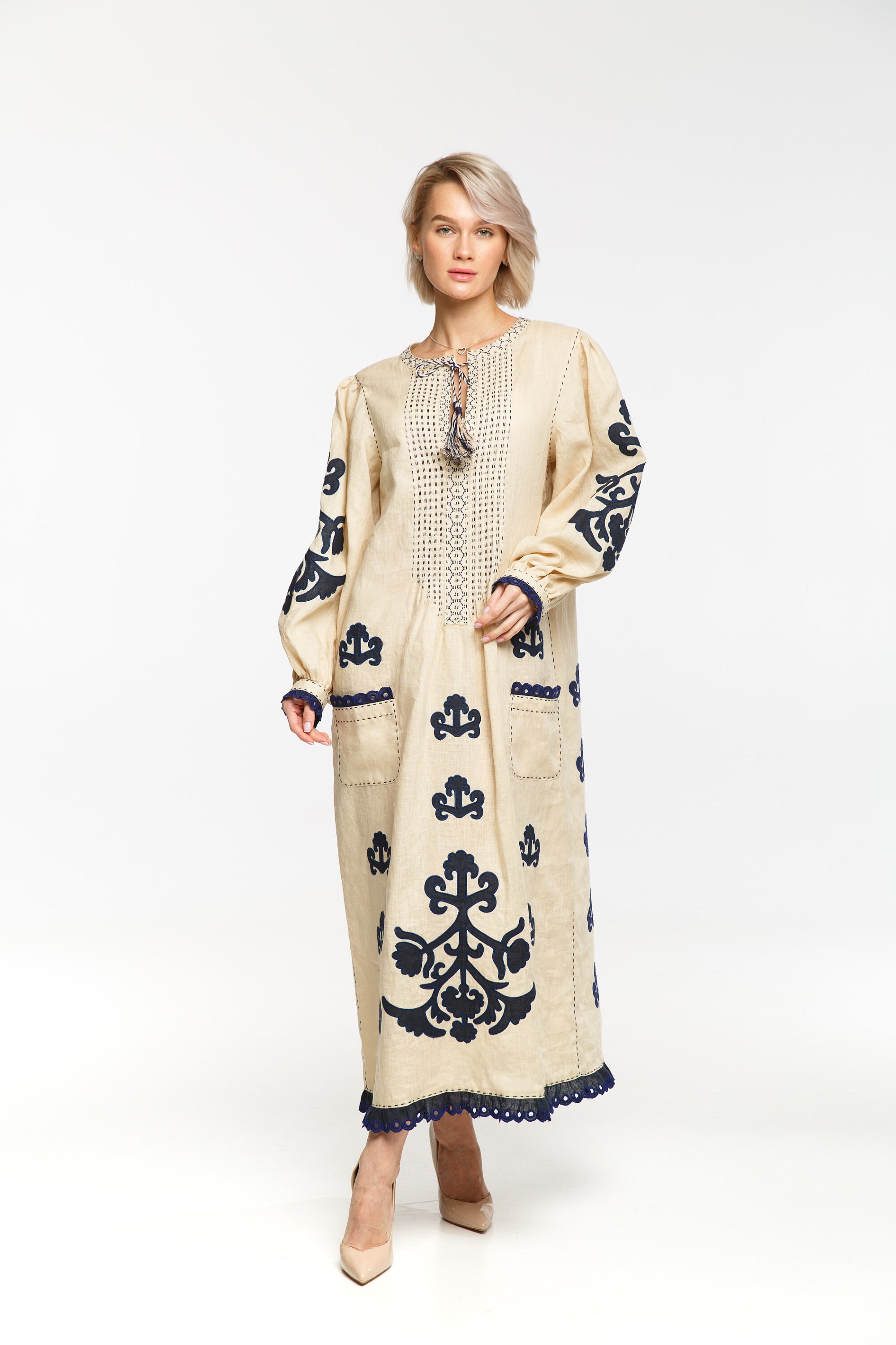 P5208-EMBROIDERED LINEN DRESS-LINEN