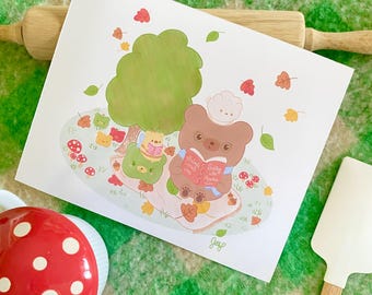Chip and Bumble Bear Art Print – Cottagecore Storybook Illustration
