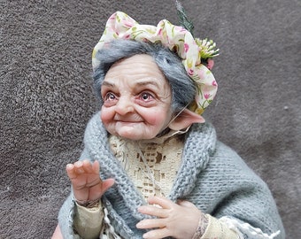 Old lady elf Poseable Art Doll, Polymer clay, pose art doll