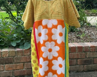 Longer Length, Upcycled Vintage Towel Dress: 1970s-Bohemian Beach Coverup