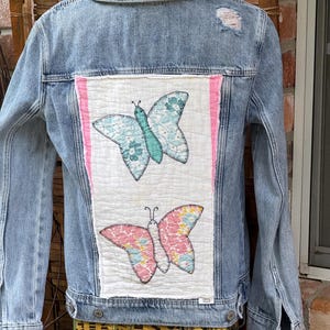 Denim Jean Jacket with Vintage Butterfly Quilt Embellishment/Upcycled Vintage
