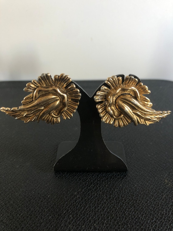 Boucles D'oreilles Clips Vintage En Bronze Doré - Signées GS - Bijou Ancien De Créateur