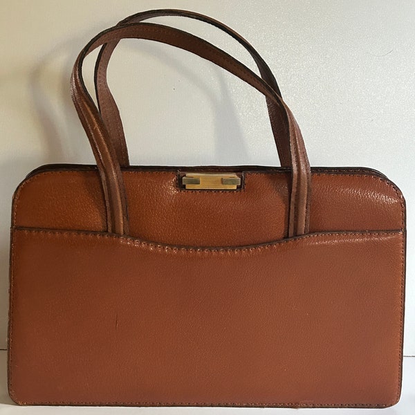 Joli Sac Ancien Cuir Pécari Marron Double Anse Fermoir Doré Piqué Sellier Années 50