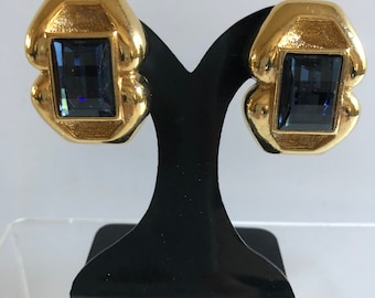 Agatha Paris goldene Cabochon Ohrringe aus blauem Vintage Glas