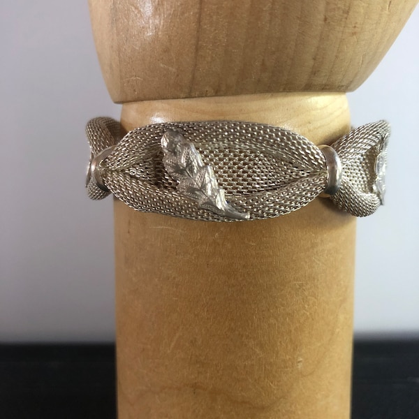 Bracelet Argent Massif Cotte de Maille Finement Tressée Décors Feuilles