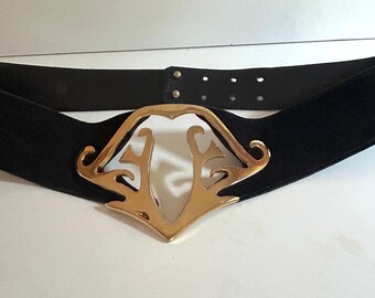 Large Black Suede Leather Belt with Gold Decor by Leo Isba from the 80s