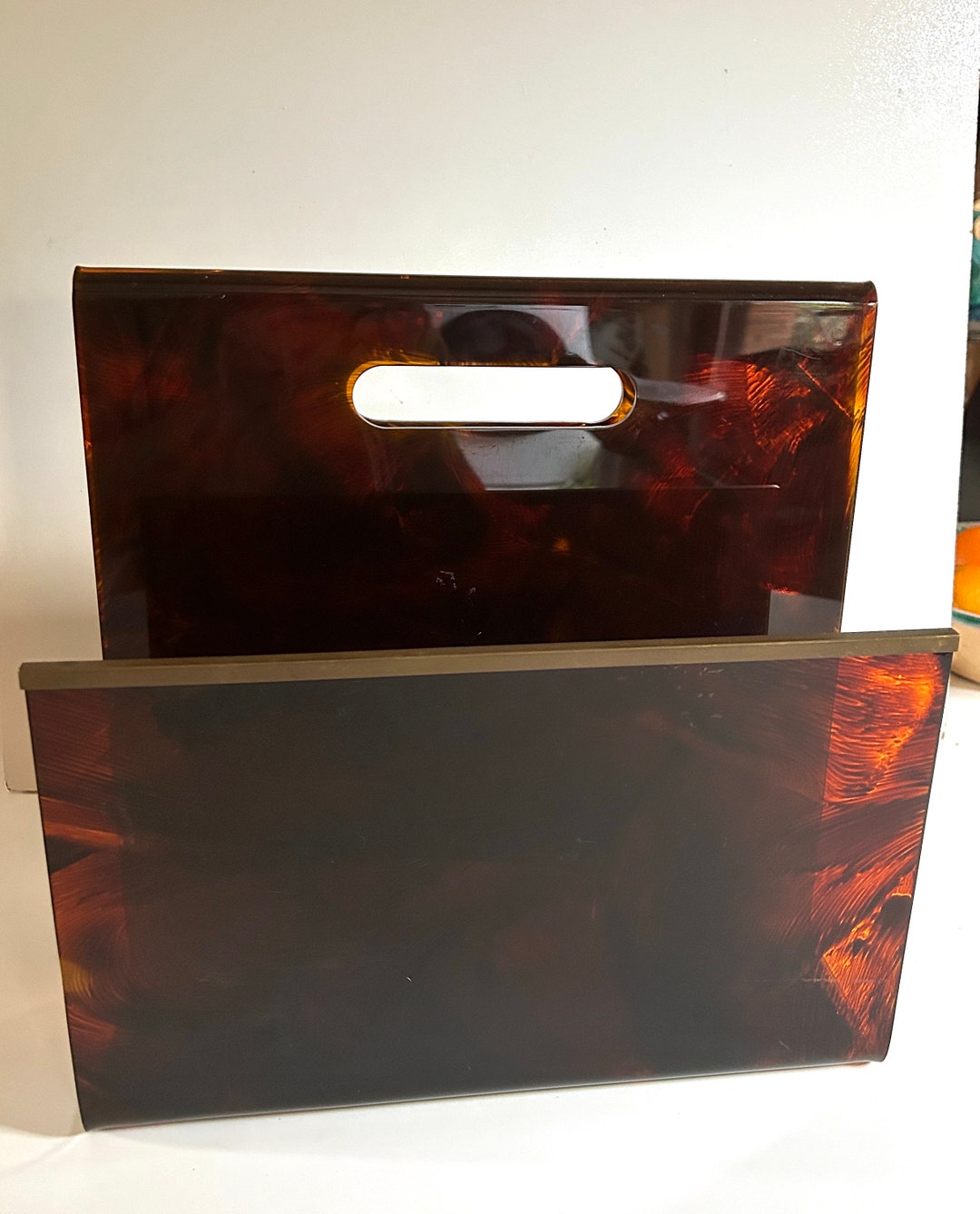 Alapac Magazine Rack Lucite Imitation Tortoiseshell Brass Borders 1970s ...