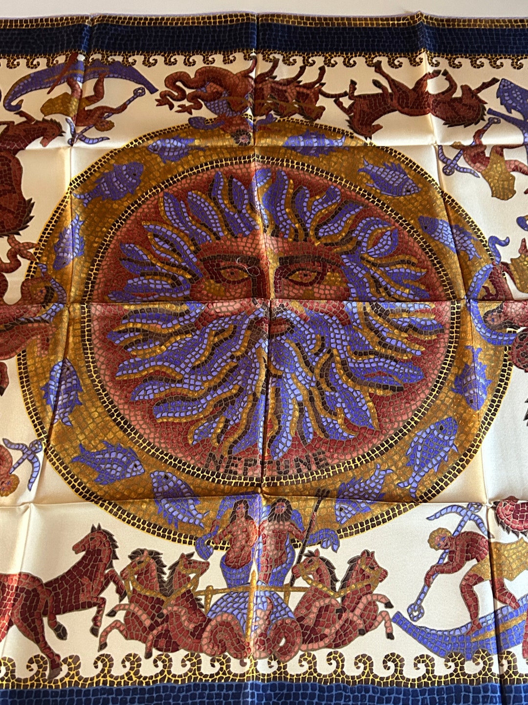 André Claude Canova Silk Scarf Neptune Mosaic Blue Lyon Silk Never Worn ...
