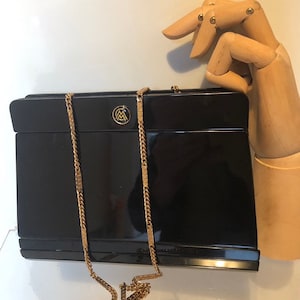 Vintage black lucite bag and leather shoulder strap with gold chain