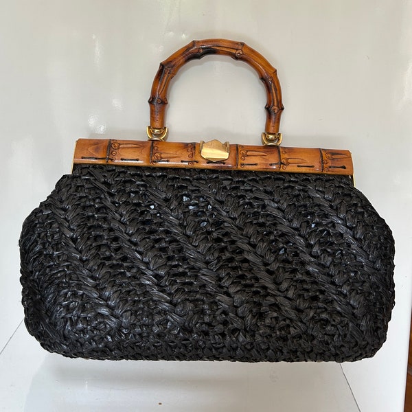 Superbe Sac à Main Raphia noir Poignée Bambou Années 60